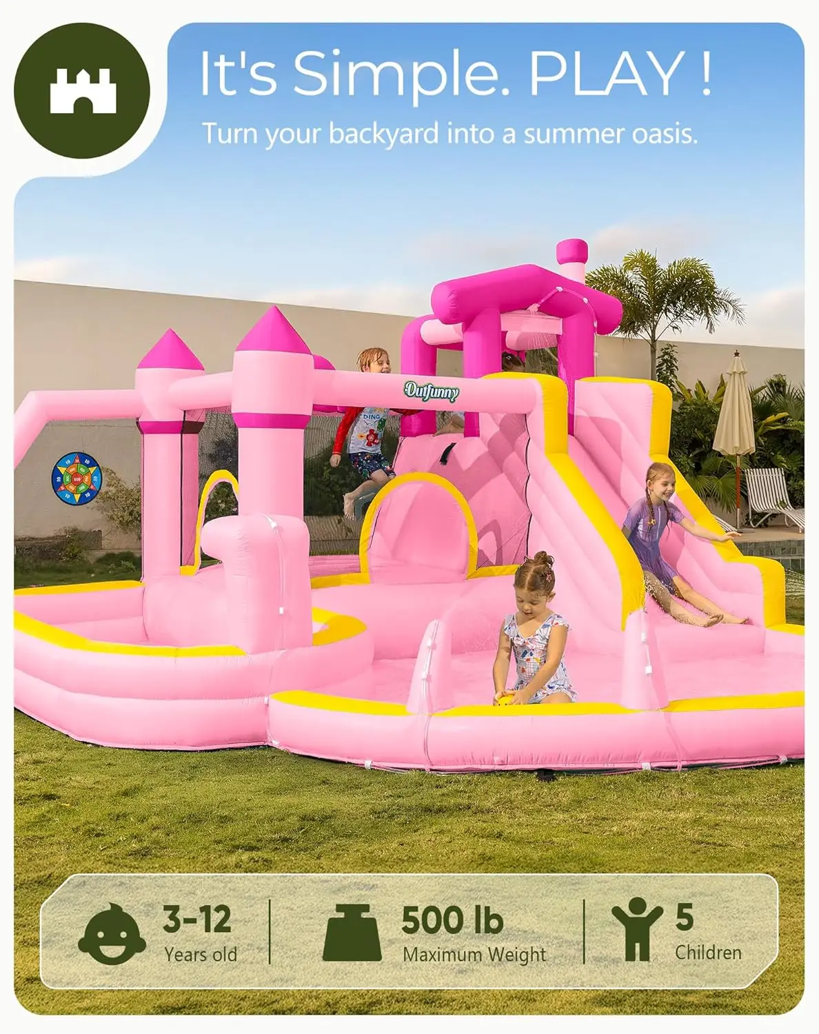 Pink Inflatable Water Slide Bounce House for Kids Ages 3-12 with Double Pools, Outdoor Backyard Use, 500 lb Weight Capacity, Includes 550W Blower