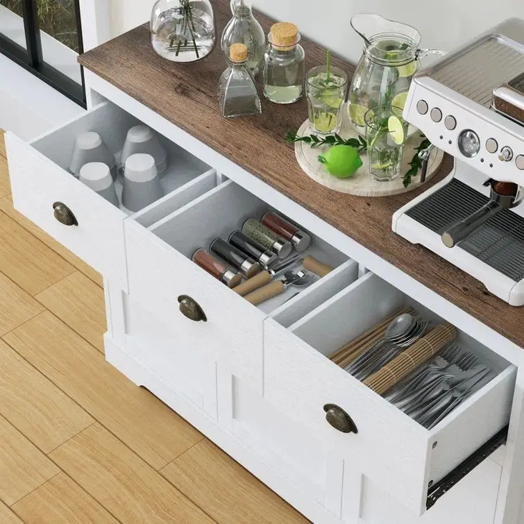 Farmhouse Wood Coffee Bar Cabinet White Sideboard Buffet Cabinet With Storage