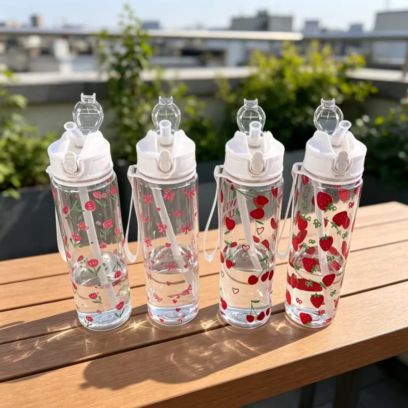 750ML Cute Strawberry Floral Cherry Bow Tumbler One-Button Pop-Up Lid Straw Cup with Handle for Travel Sports Leak-Proof Bottle