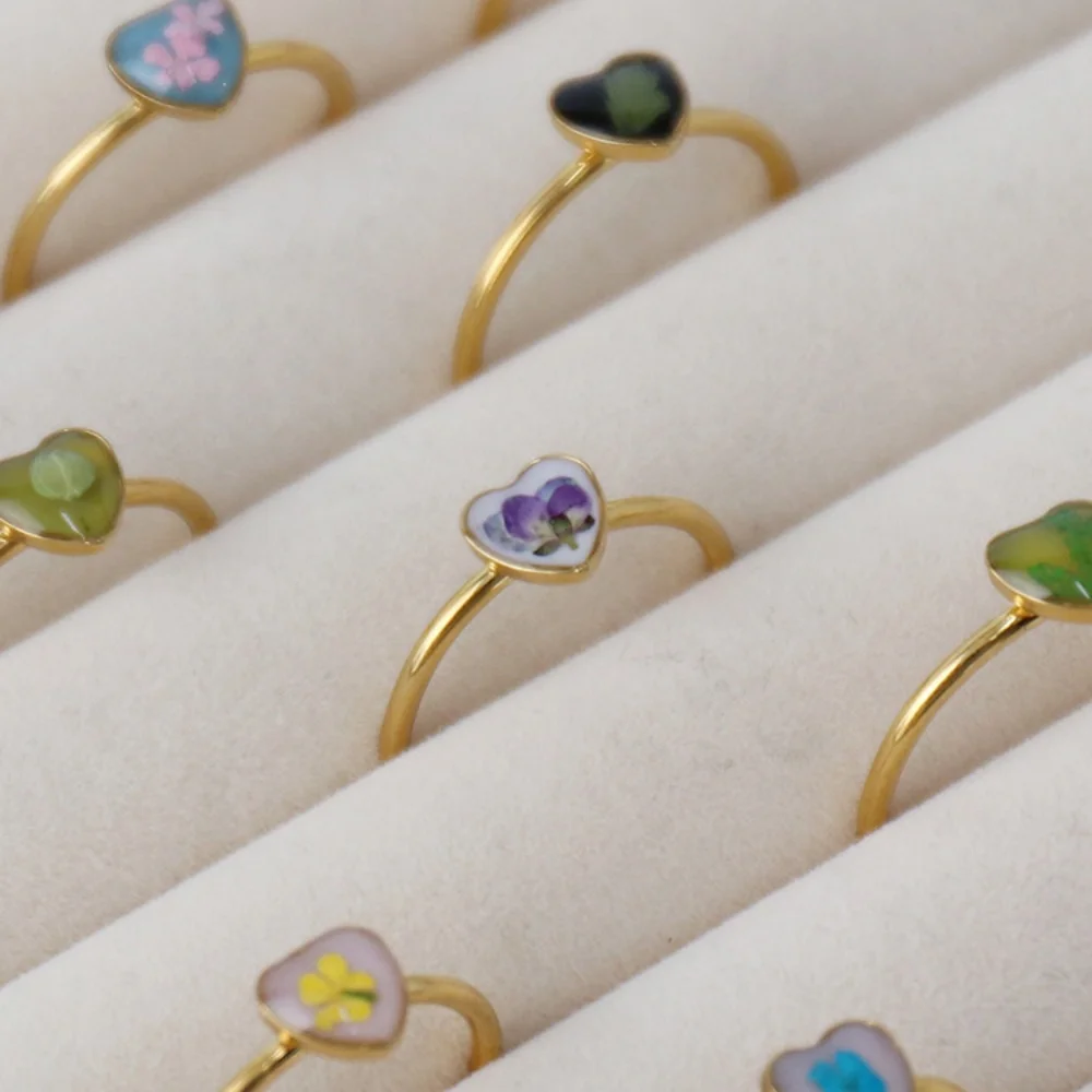 Wency Stainless Steel Dried Flower Love Heart Rings For Women Eternal Flower Open Finger Ring Jewelry Wedding Gift Wholesale New