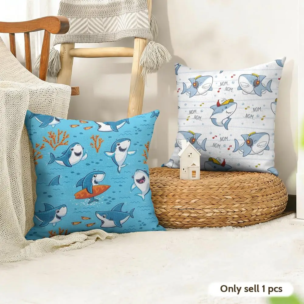 Cute Shark Pattern Cushion Cover Natural Linen Organic Fabric Double-Sided Printing Sofa Home Decor Gift Pillow Case