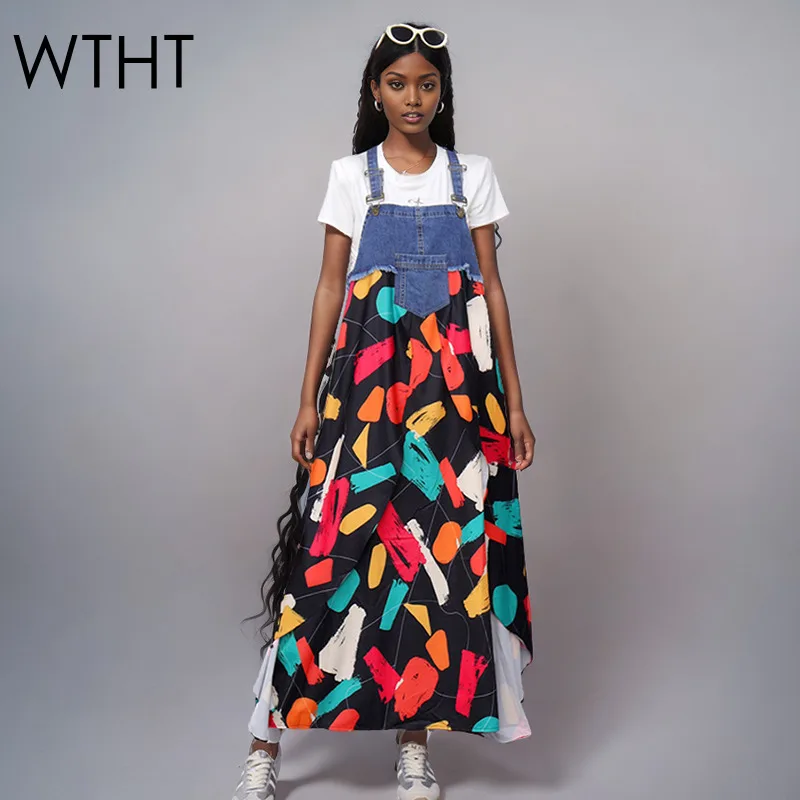 

WTHT Fashion Women's Irregular Print Spliced Denim Dress Trendy Halter Sleeveless Loose Dresses Female 2025 Summer 1LS1916