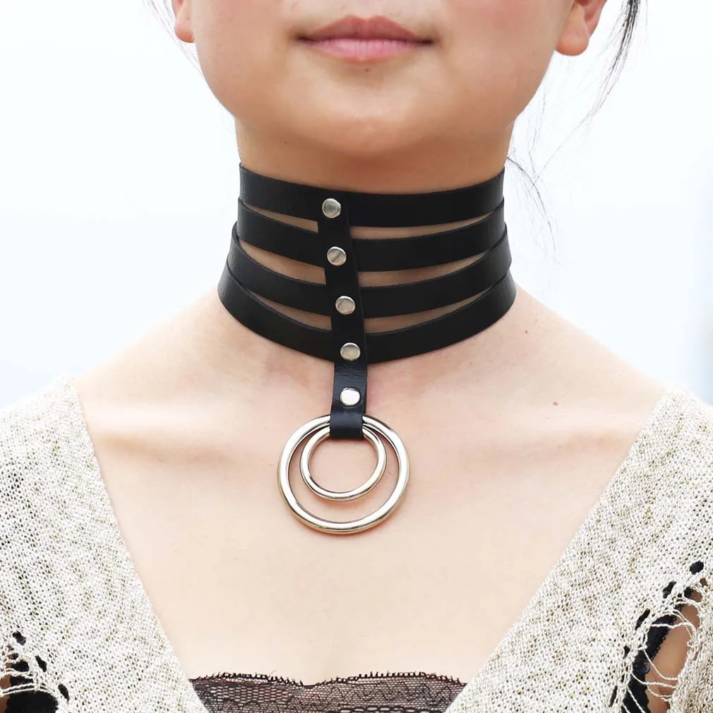 Fashion Punk Gothic Easy Individuality  Harajuku style PU Choker Street photo Saloon Rivet Pendant Ring 4 row Leather neck chain