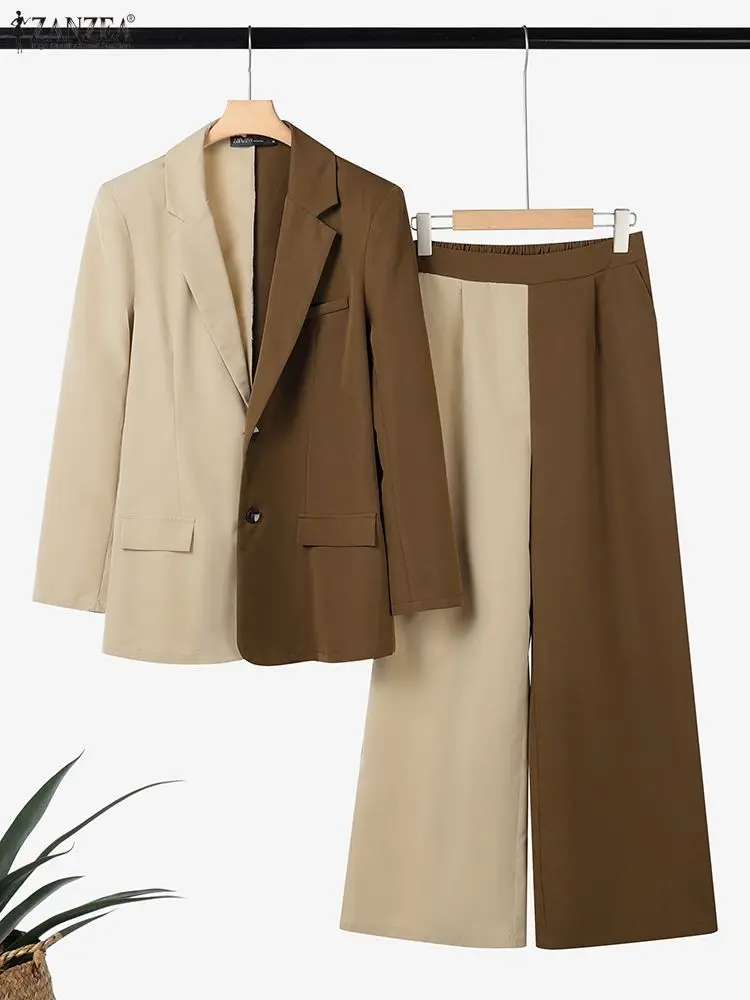 

Модный женский пиджак, костюм 2025 ZANZEA, осенний комплект из 2 предметов, офисная одежда из 2 предметов, блейзер с длинными рукавами, широкие брюки, комплекты спортивного костюма