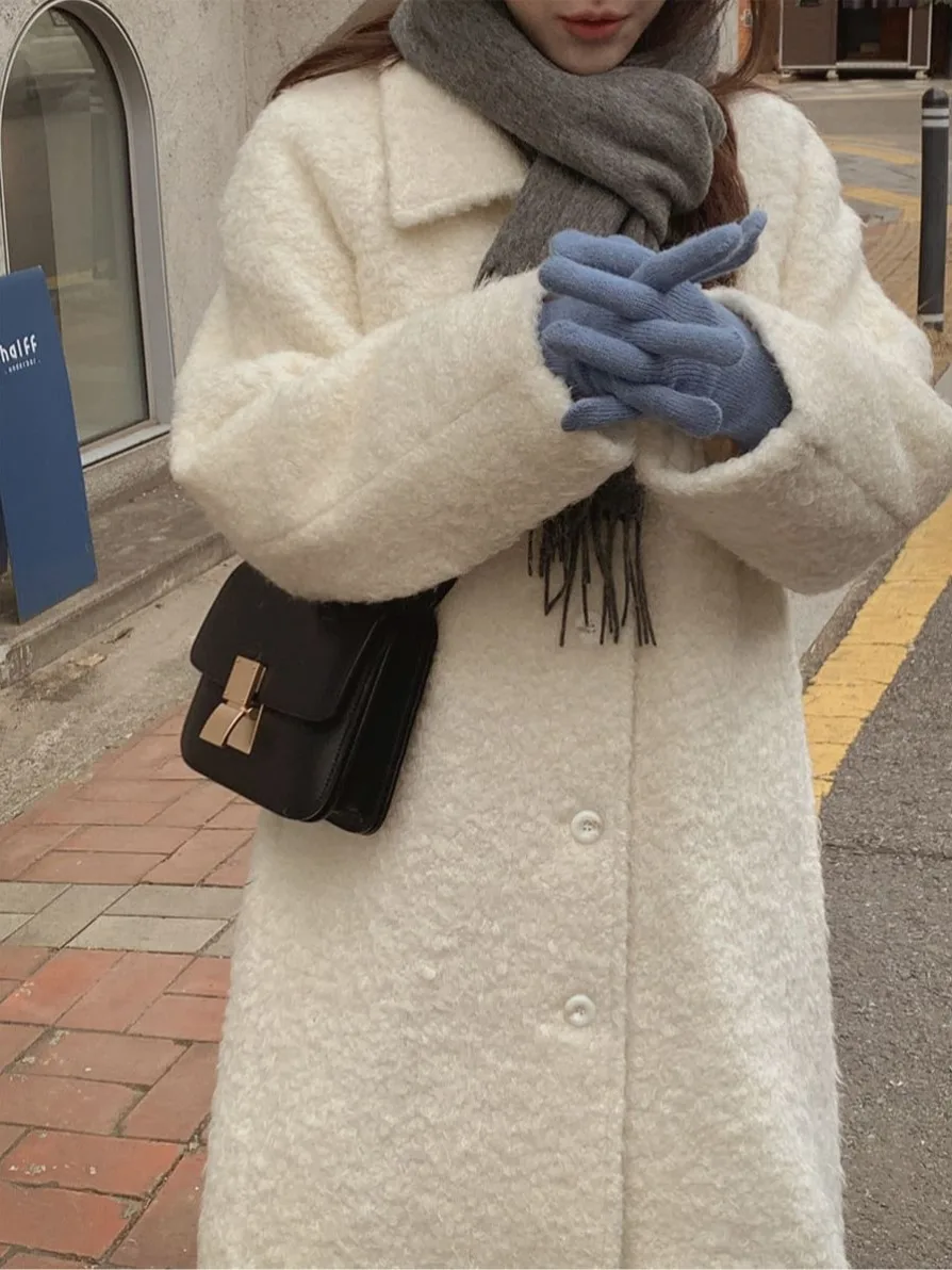 Abrigo elegante largo suave y esponjoso azul bebé para mujer, abrigo reductor de edad, Adorable abrigo coreano Sle para primavera, Otoño e Invierno