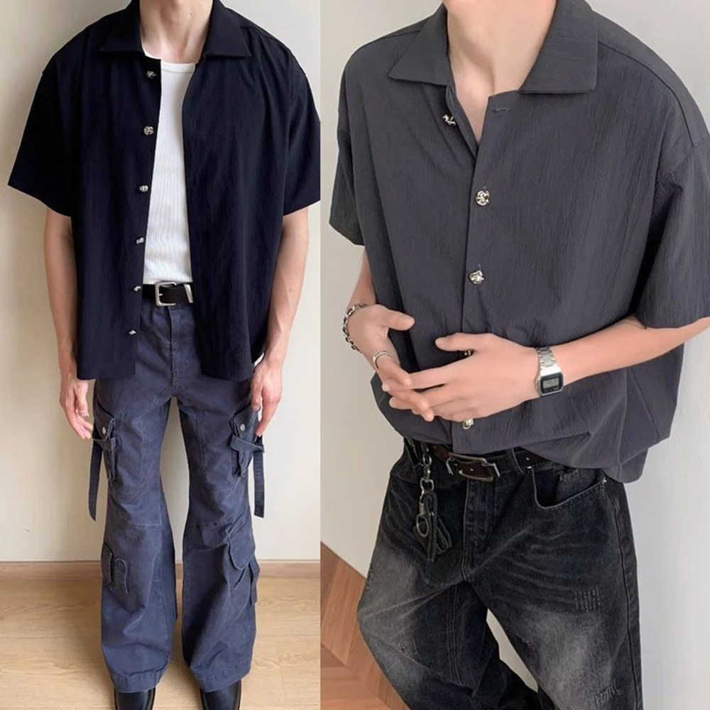 

Summer New Men's Solid Color Short-Sleeved Shirt Korean Retro Fashion Trend Casual Loose Breathable Niche 2025 Men's Tops