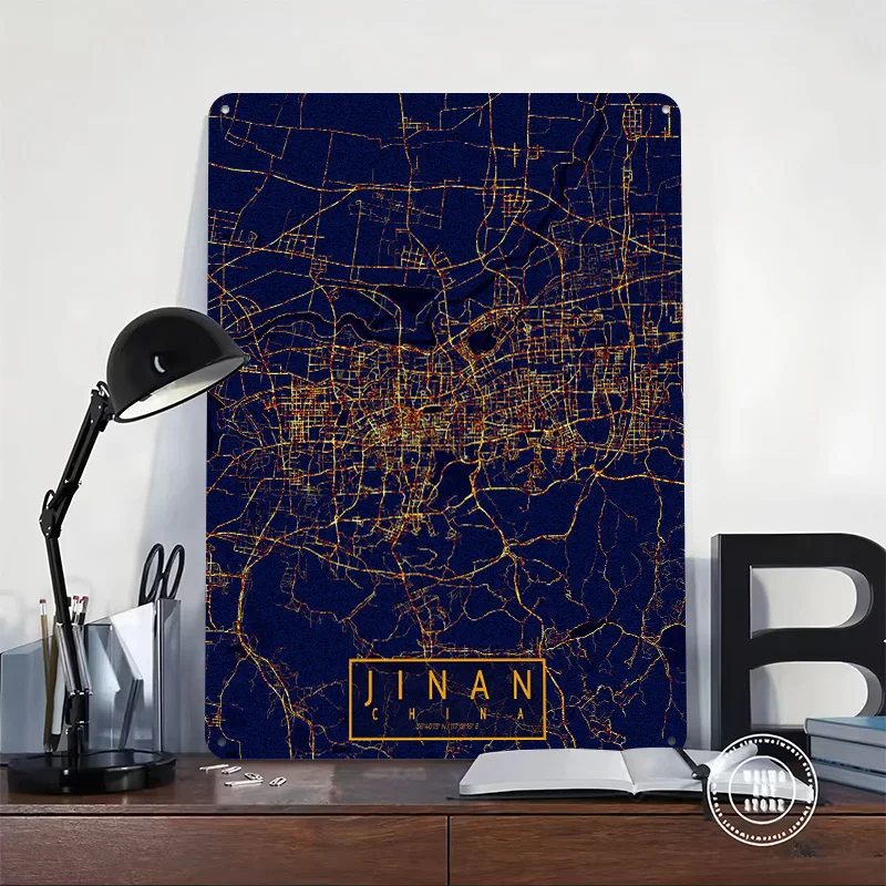 Jinan China Map City At Night Printing Poster Customized Retro Wall Art Vintage Metal Signs for Room Decoration Home Decor Items