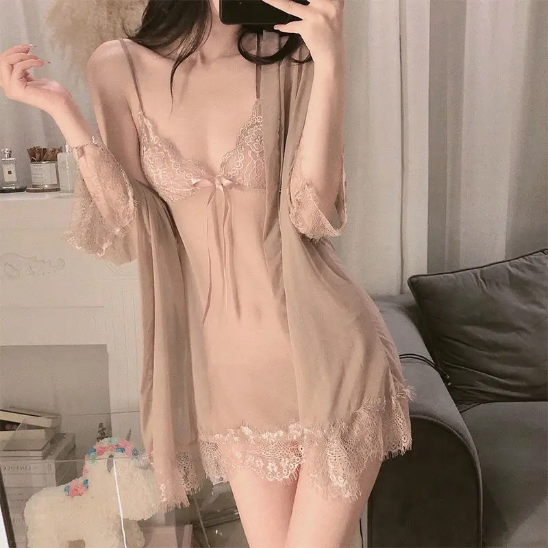 Sling pajama dress, ice silk sexy pajama, lace hot and tempting pure desire lingerie thin set