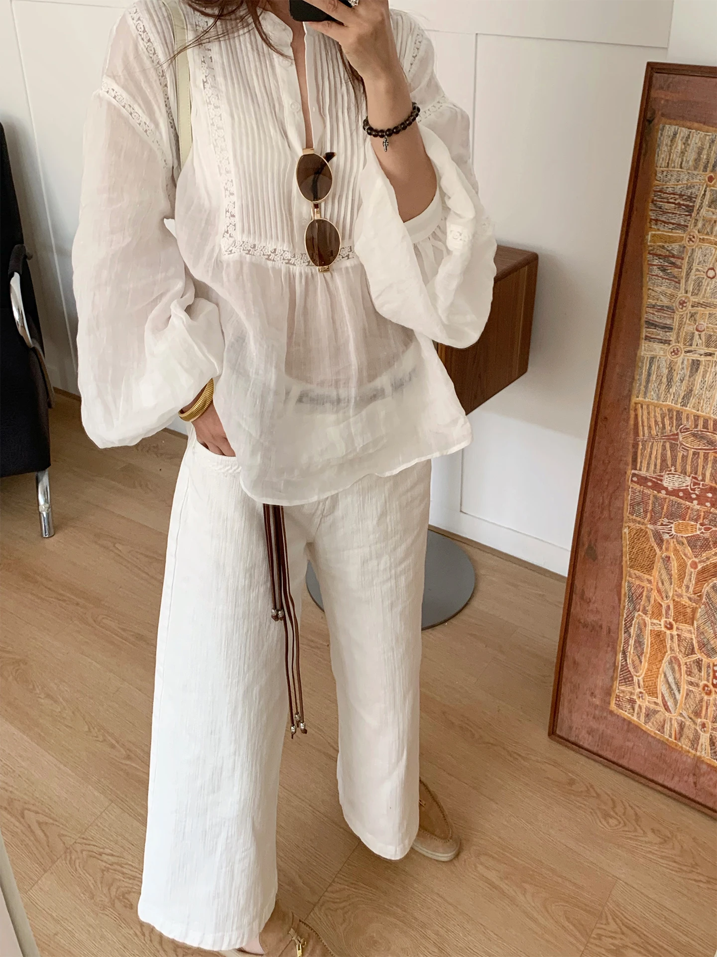 

White Embroidered Wide Leg Jeans Nine Points Casual Sle Cotton Blend Fabric l Waist Spring Collection Women's Premium