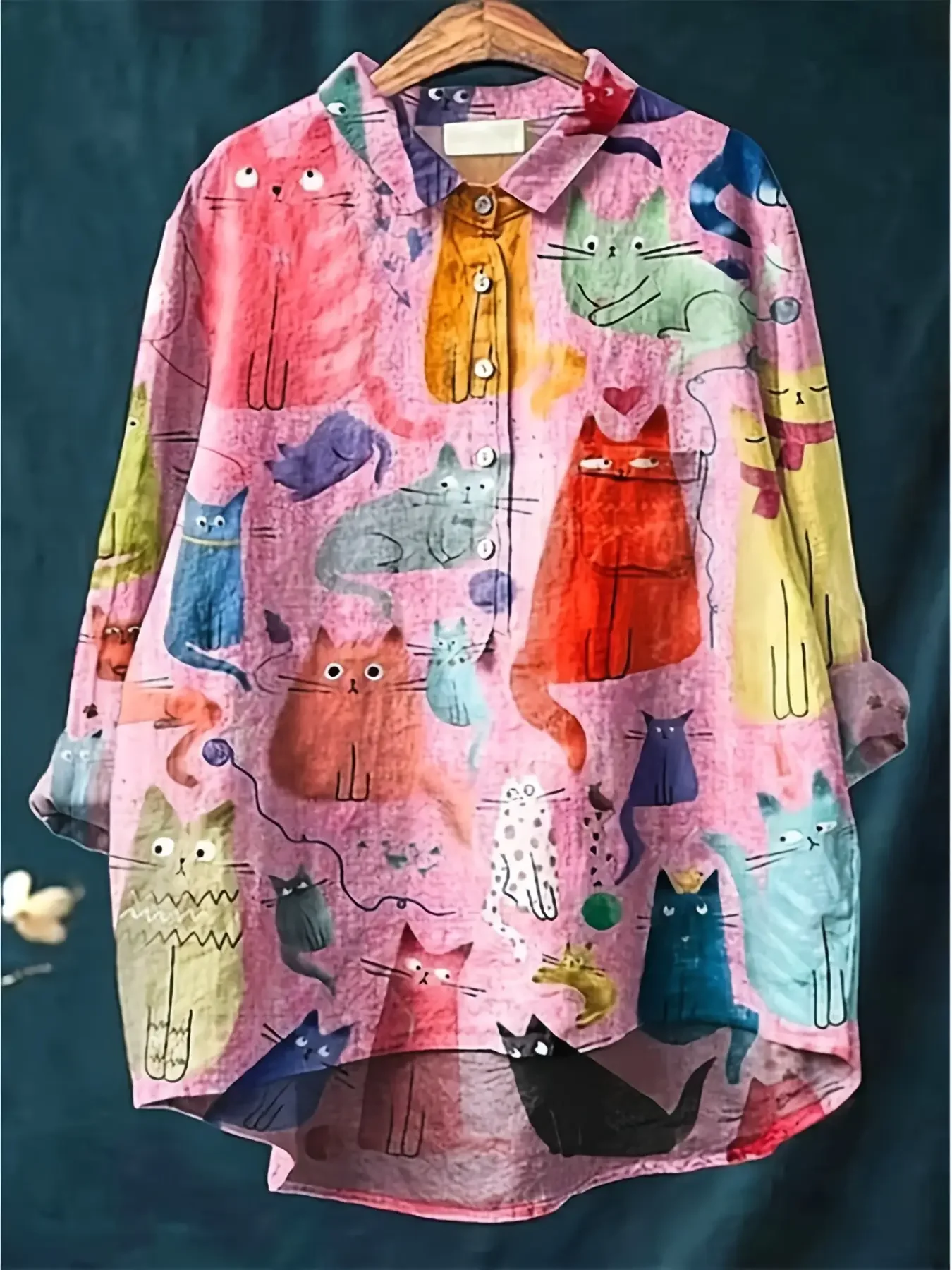 

Women's Printed Collar Shirt - Large Loose Long Sleeve Top with Asymmetric Hem and Chest Bag, Breathable and Colorful Cat
