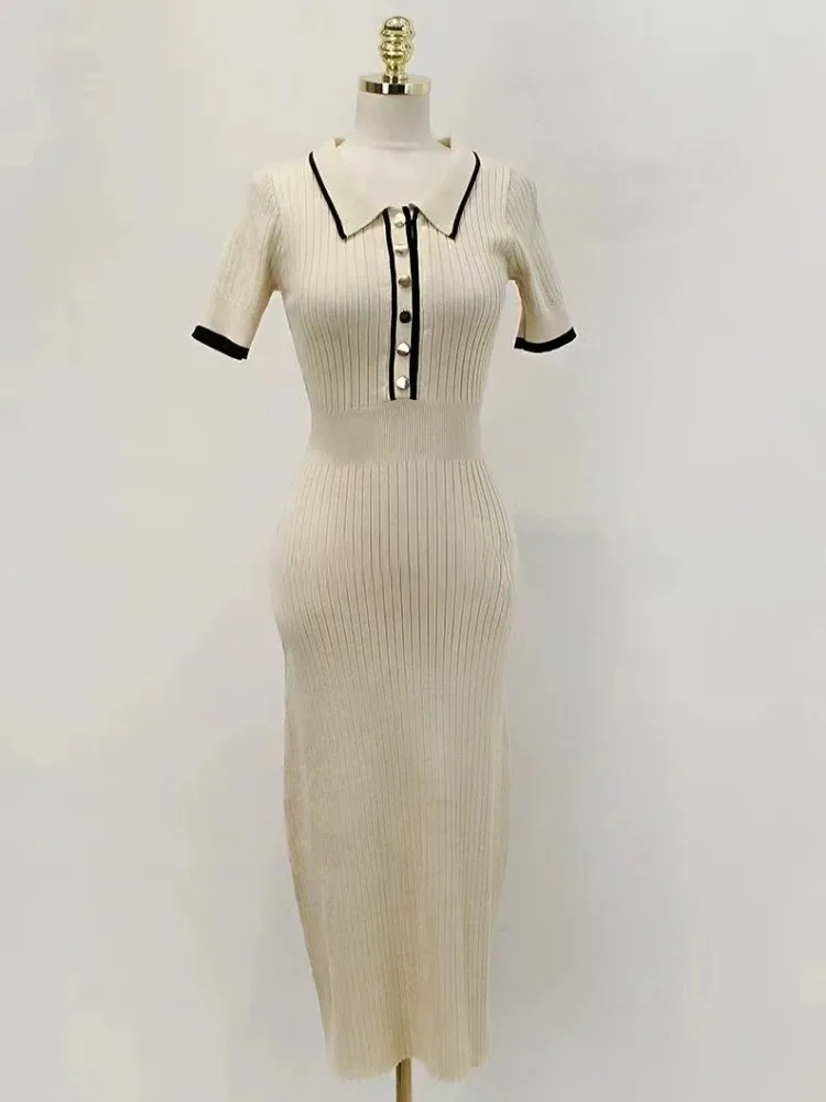 Manches courtes tempérament Robe Femme robes tricotées femmes 2025 robes De Mujer col rabattu Patchwork tunique Robe moulante