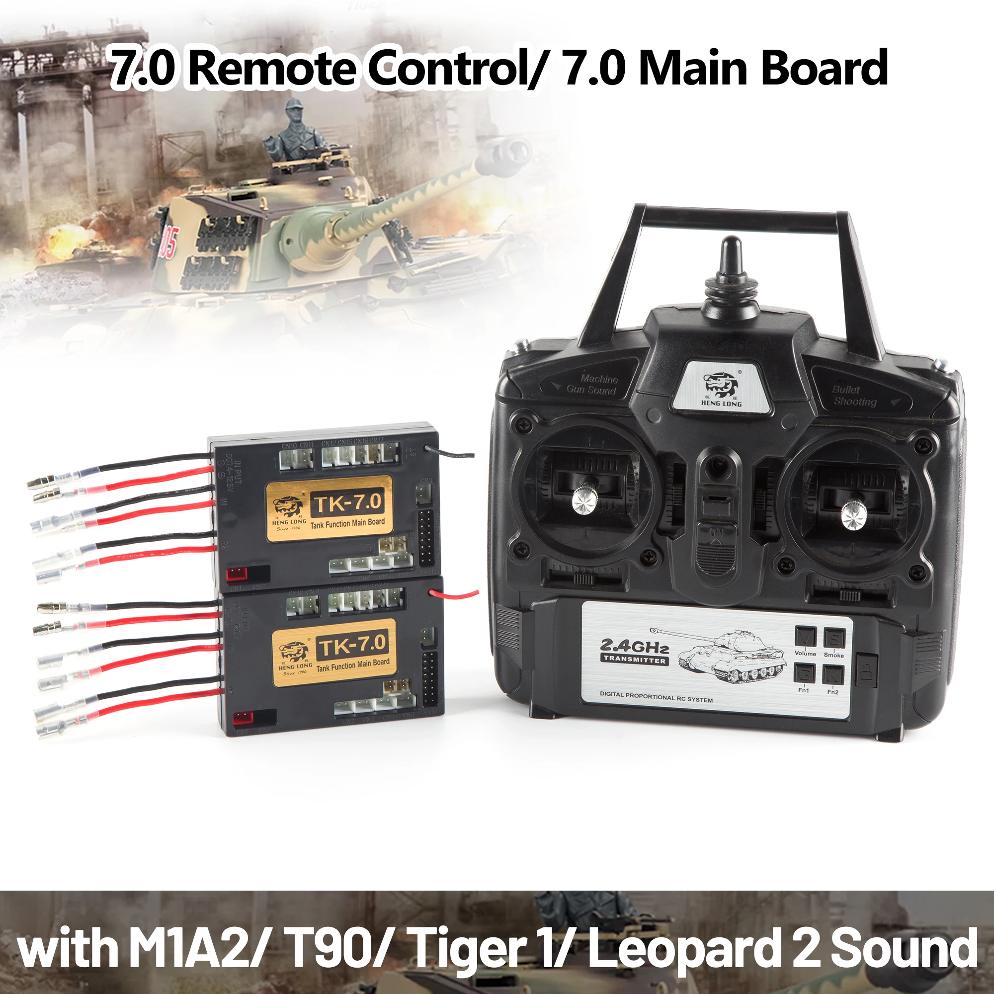 HENG LONG Tank Accessory 2.4GHz 7.0 Remote Controls 7.0 Transmitter Main Board Receiver with M1A2/T90/Tiger 1/Leopard 2 Sound