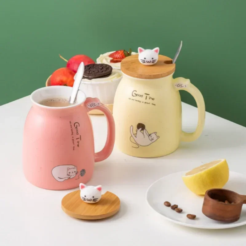 Japanese Style Wooden Lid Mug with Spoon Cute Cartoon Cat Milk Ceramic Mug Ice Yogurt Juice Cup Heat-resistant Mug Gifts Cup