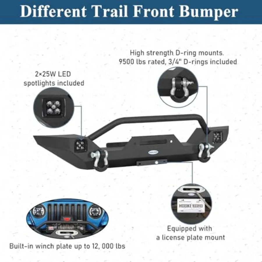 المصد الأمامي متوسط العرض للطرق الوعرة مع لوحة ونش وأضواء LED مدمجة 2 × 25 وات مصممة لتعزيز المتانة والمرئية