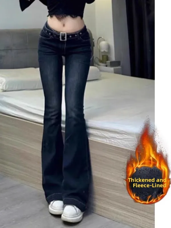 甘辛韓国風スレフレアジーンズレディースティーネッドフェイスレトロローウエストスリムアンクル丈パンツ