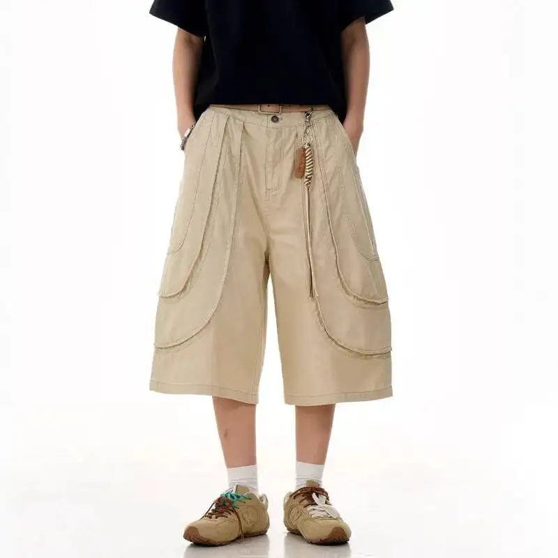 American Men's Cropped Pants Three-dimensional Fold Niche Design Harajuku Youth Trendy Straight Leg Loose Shorts 9W7N4N