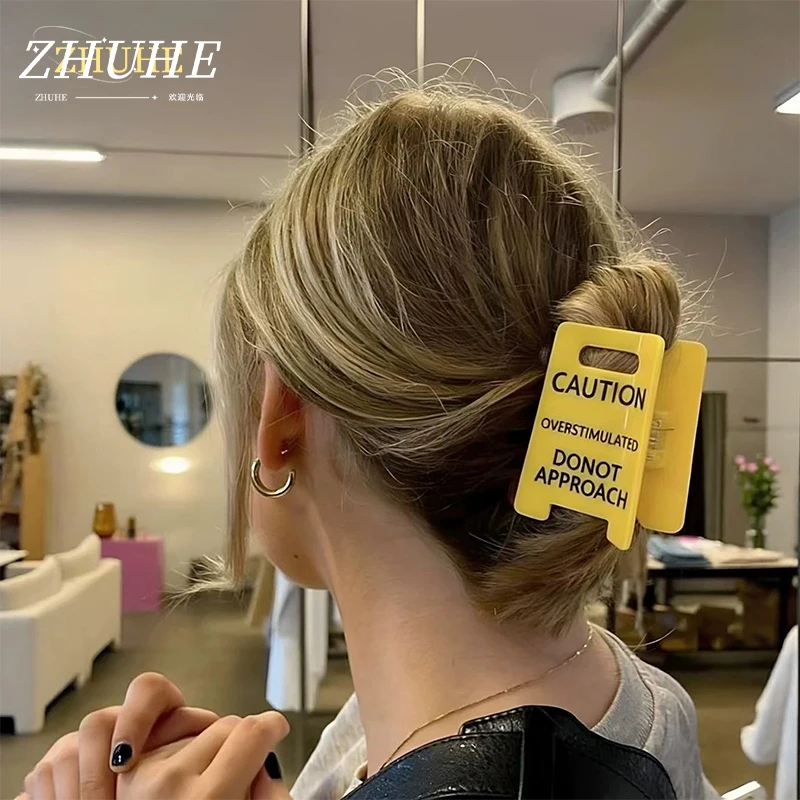 Jewelry Accessories Women Acrylic Caution Letter Print Hair Claw Clip, Bold Warning Sign Design, Non-Slip Strong Hold for Thick
