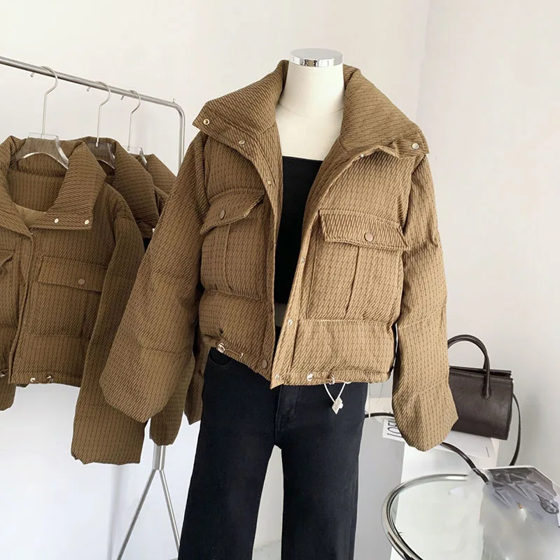 

Khaki Stand Collar Short Parkas Women Casual Loose Winter Thick Warm Quilted Jacket Female Korean Fashion Cotton Padded Outwear