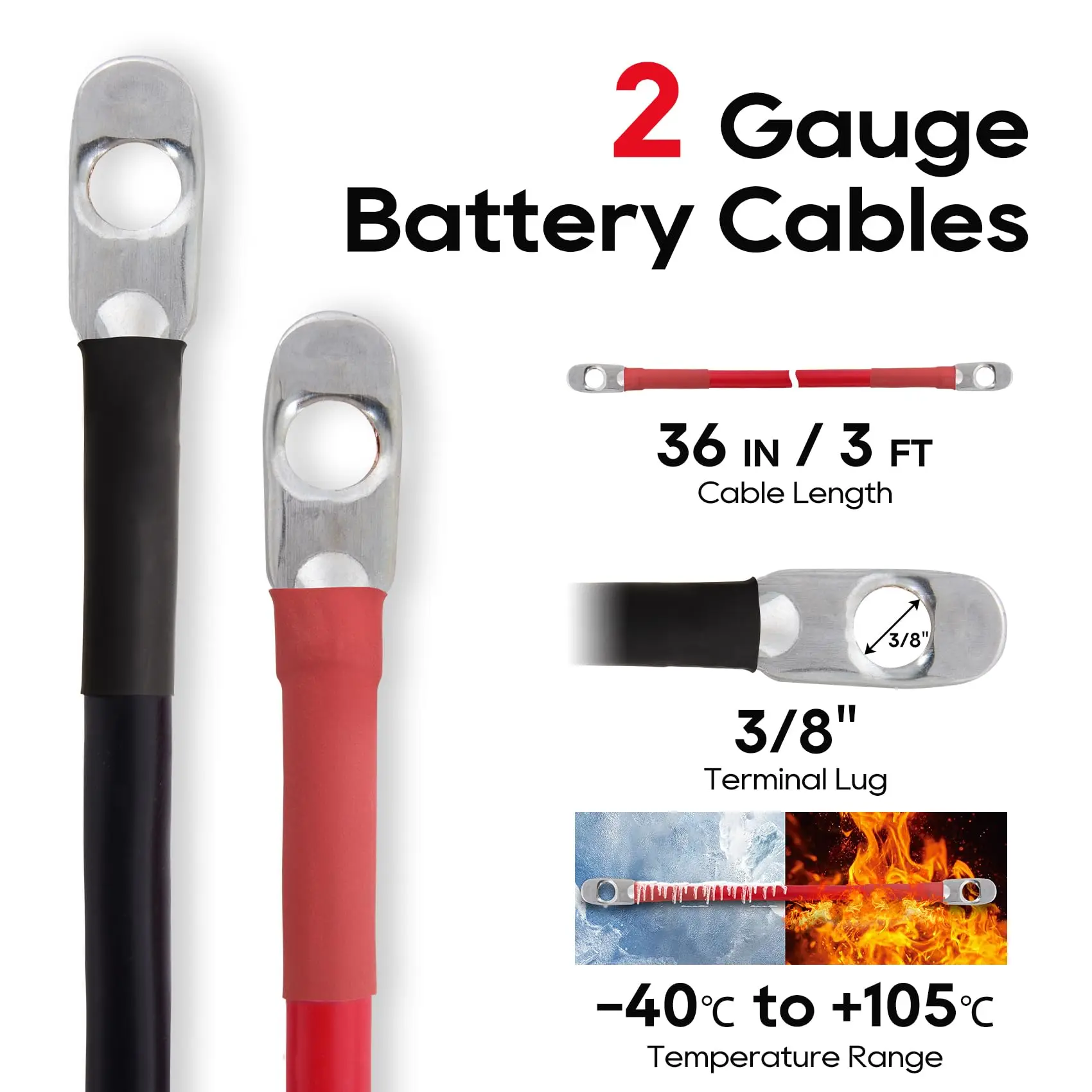 2 AWG Battery Cable 2AWG 36-Inch Battery Inverter Cables Set All Copper Conductor Wire with 3/8