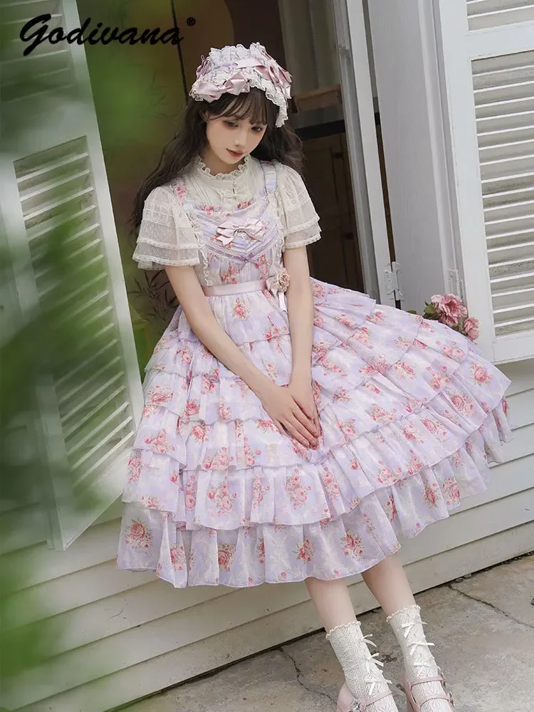 

Original Spring Summer CLA Elegant Lolita JSK Dress Girl Women Sweet Short Sleeve Lace Shirt Floral Print Cake Suspender Dresses