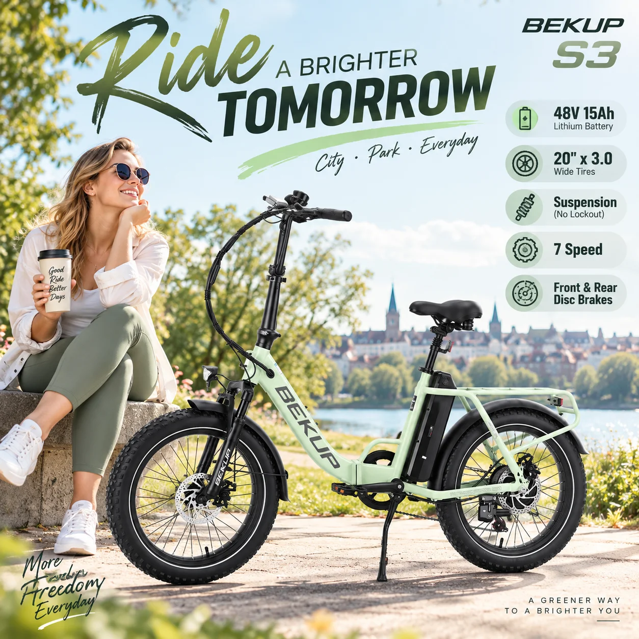 BEKUP S3 Bicicletta Elettrica da Pendolare per Uomo e Donna, Motore Posteriore 250W, Batteria 48V 15AH, Coppia 60NM, Pneumatico All-Terrain 20*3.0, Forcella Ammortizzata, Freni a Disco Doppi, Luce