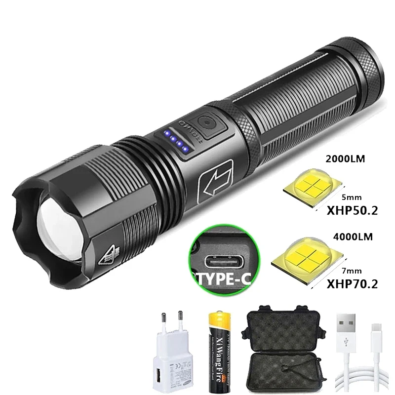 Portable 4 Core Led Flashlight Aluminum Alloy XHP70.2  XHP50.2 Usb Rechargeable Zoomable Lantern 18650 AAA Battery Hunting Torch