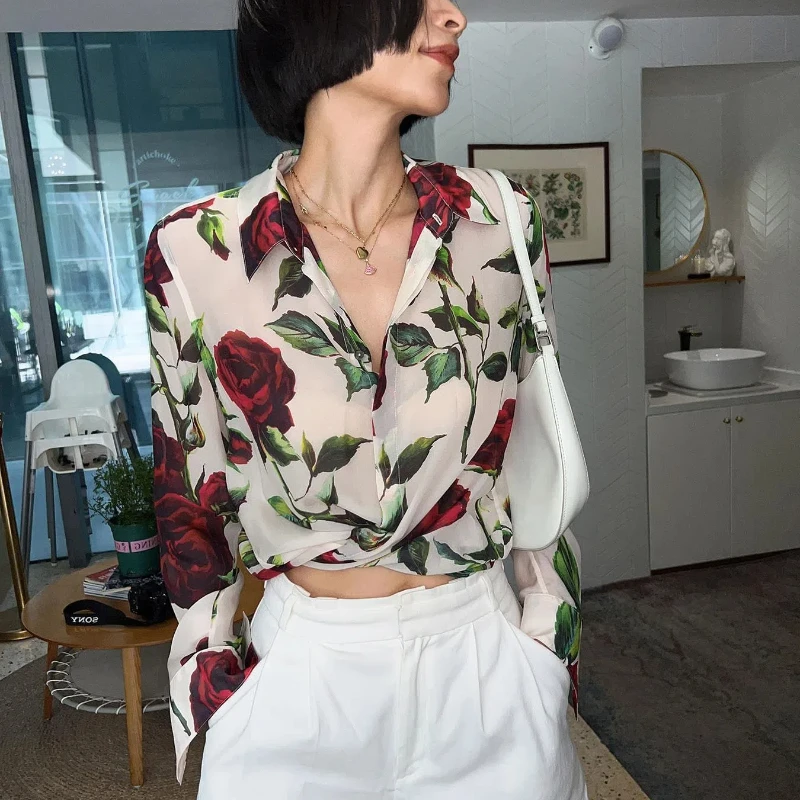 Retro Summer 2024 Women\'s New Patchwork Polo Collar Printed Button Fashion Loose Minimalist Casual Long Sleeved Blouses Shirts