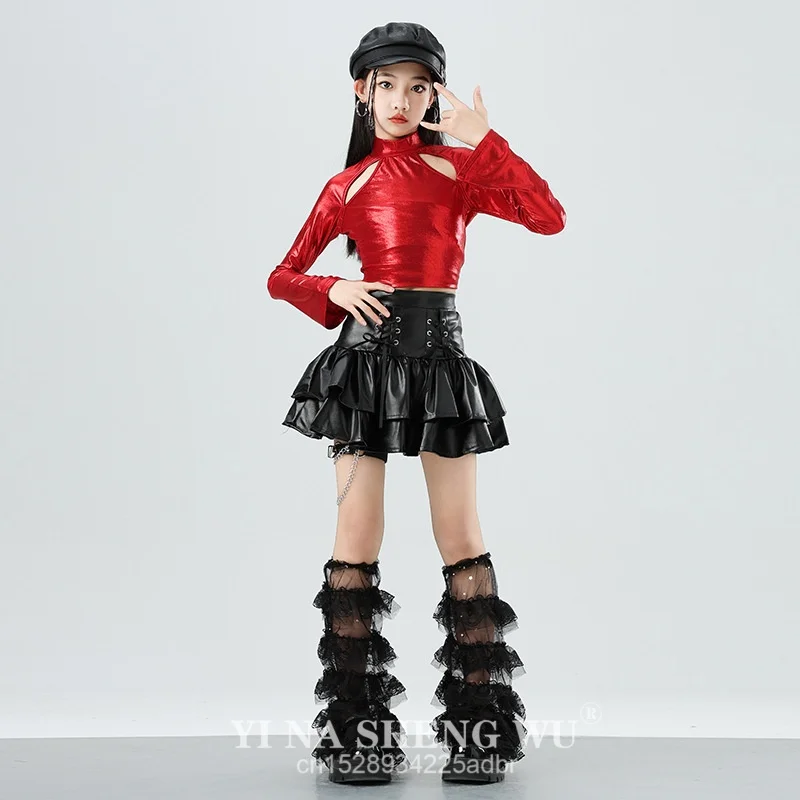 الفتيات K-pop لامعة الأحمر المحاصيل الأعلى التنانير السوداء الملابس مجموعات بارد الهيب هوب زي مجموعة الشارع الرقص الزي أزياء المرحلة ارتداء العرض