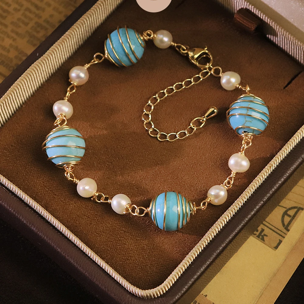 Women Fashion Original Design Freshwater Pearl Turquoise Beaded Bracelet Luxury Delicate Bangle Elegant Daily Hand Accessory