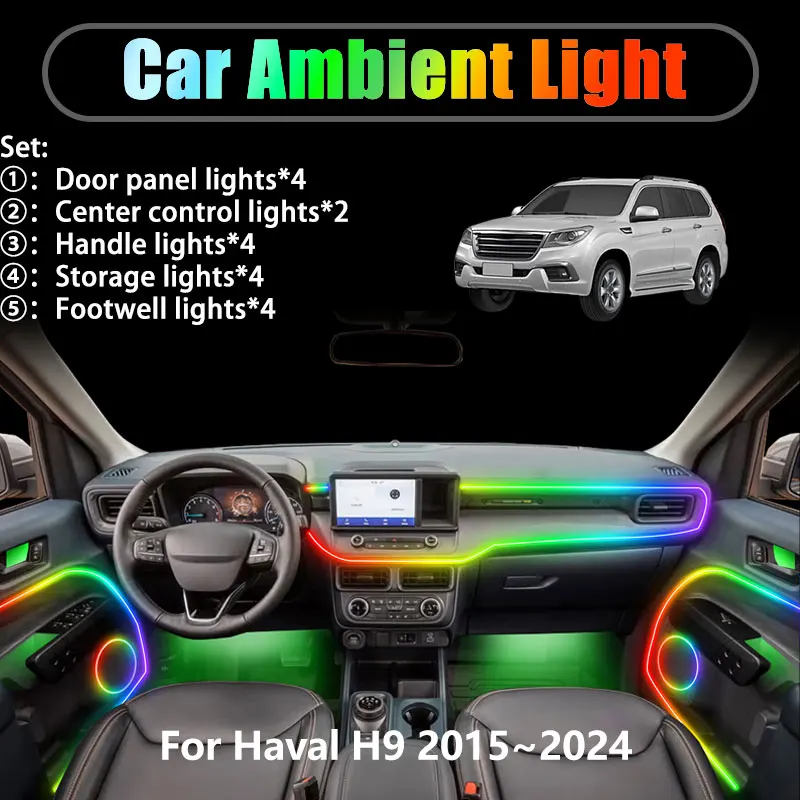

Для Haval H9 2015 ~ 2024 Great Wall 2016 2/18 в 1 Автомобильное окружающее освещение Светодиодные фонари для интерьера багажника USB RGB Ensemble Streamer