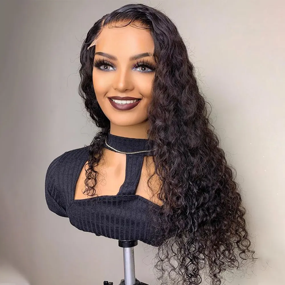 Natural Black Glueless Long Kinky Curly 180Density 26inch Deep Lace Front Wig For Women With Baby Hair Preplucked Daily