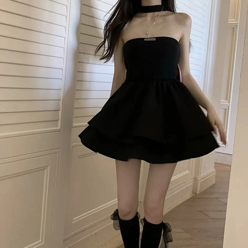 Black Mini Dresses Womens Back-bow Design Korean Lovely Party Dress Fashion Leisure Summer Y2K Hollow Backless Strapless Dress