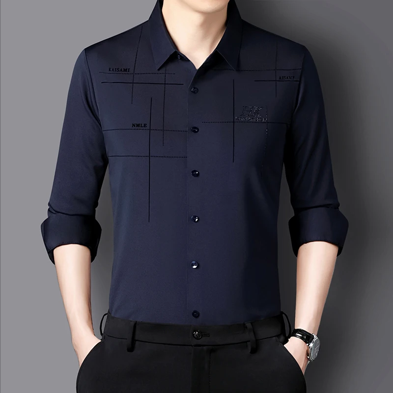 High Elastic Quality Men\'s Long Sleeved Shirt New Spring Autumn Styles Slim Fit Shirts Business Casual No-iron Anti-wrinkle Tops