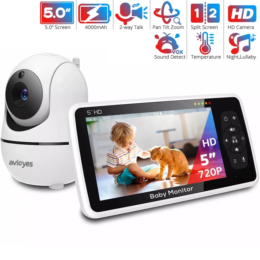 

5''HD Video Baby Monitor with Pan-Tilt-Zoom Baby Camera 2-Way Audio Night Vision 22-Hour Battery Bebe Nanny Monitors Babysitter