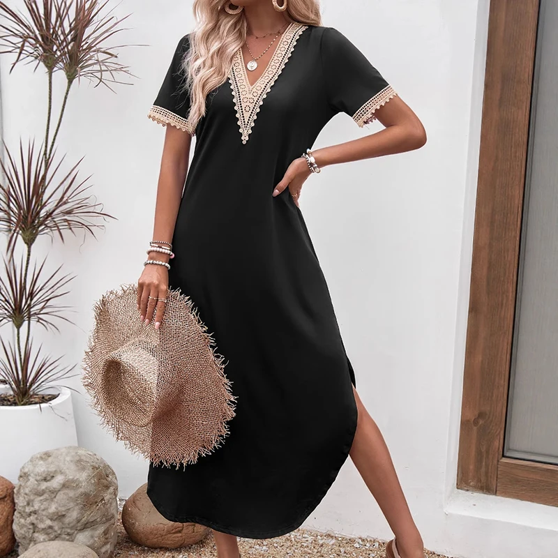 Abito estivo da donna con orlo irregolare tinta unita casual elegante scollo a V in pizzo con giunture a contrasto abiti slim multicolori a maglie