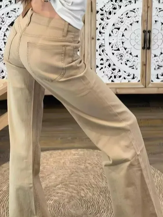 Retro American Spicy Girl Low Waist Khaki Denim Jeans Women Non-Matching Slimming Versatile Simple Flared Long Pants