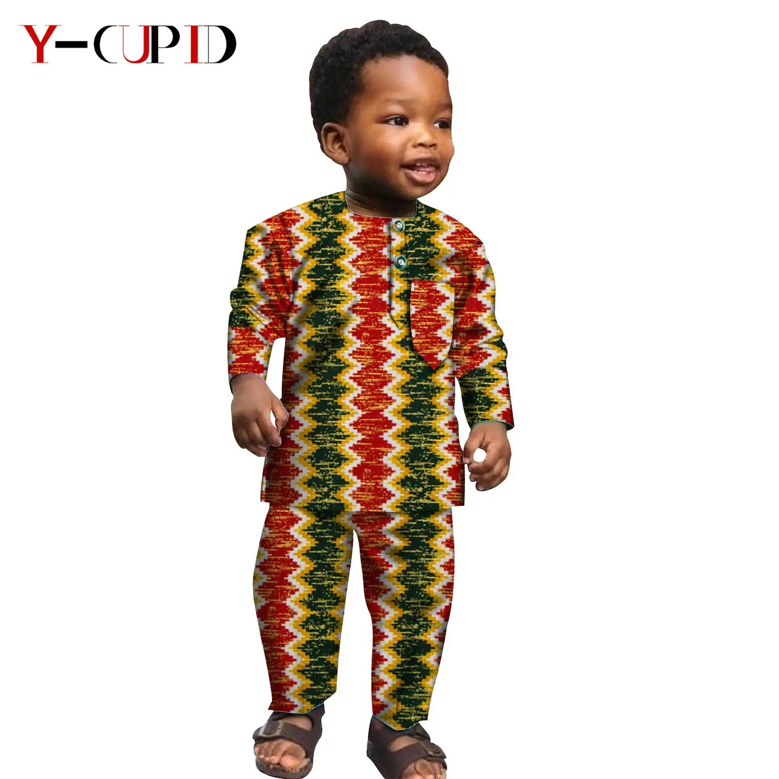 Комплект одежды для мальчиков из 2 предметов, рубашка и штаны с Африканским принтом Акара, богатый базин, S204022