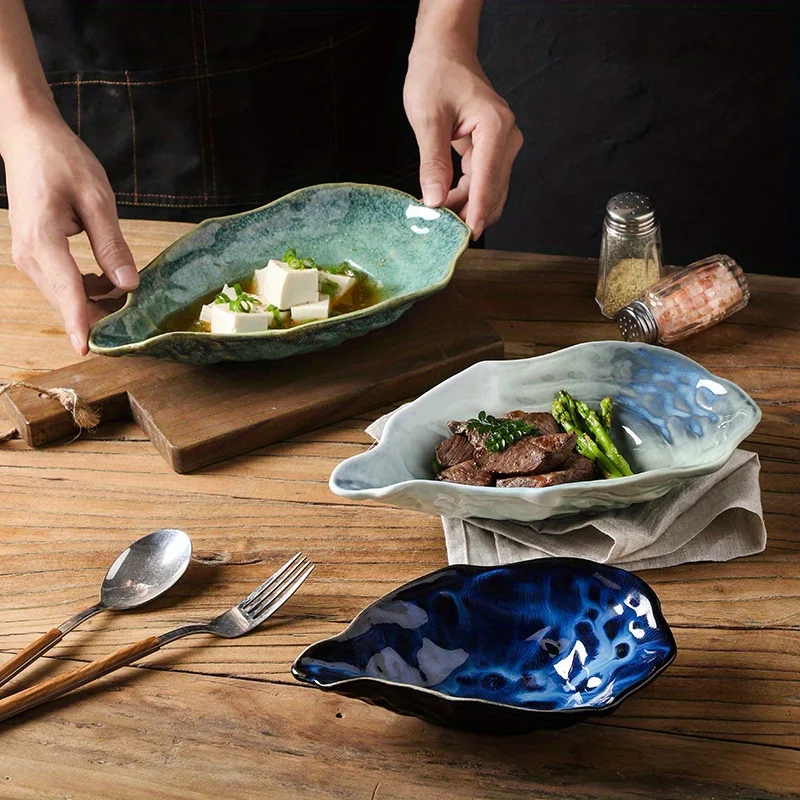 

Creative 20.32cm Blue Ceramic Bowl Unique Shaped Japanese Retro Plate for Serving Fruit Tray Sushi Desserts Plate Home Bowl