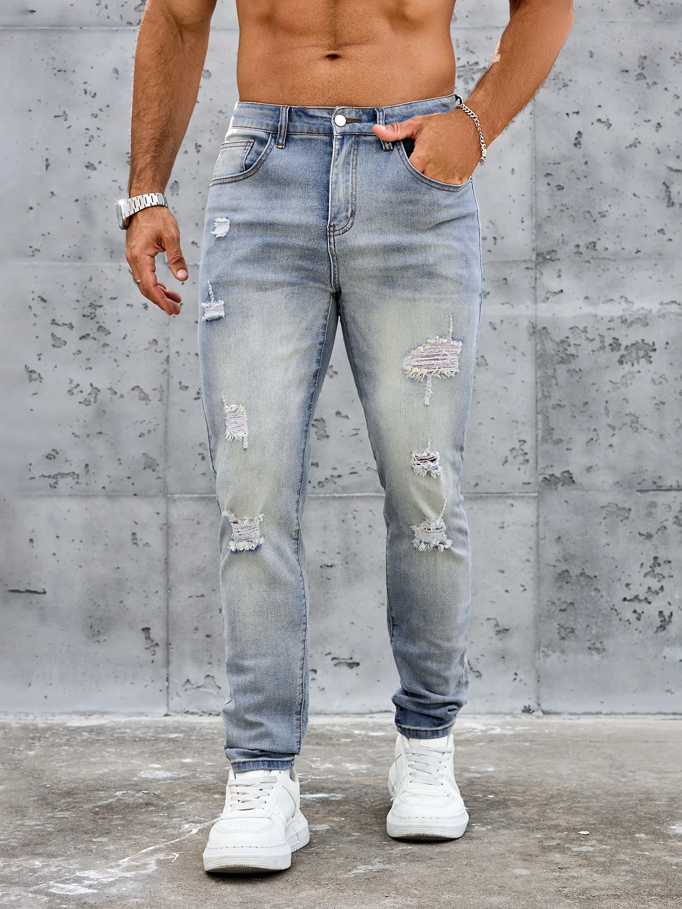 

Мужские повседневные облегающие эластичные джинсы, рваные синие джинсовые брюки, весенние и летние брюки из эластичной ткани