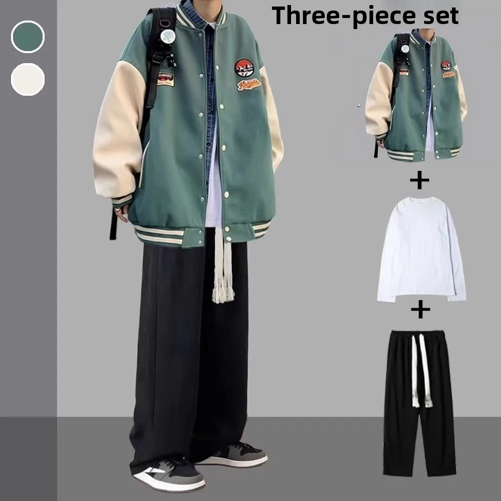 

Комплект повседневной спортивной одежды: футболка и бейсбольная куртка свободного кроя, трендовая мужская одежда из Гонконга, осенняя коллекция