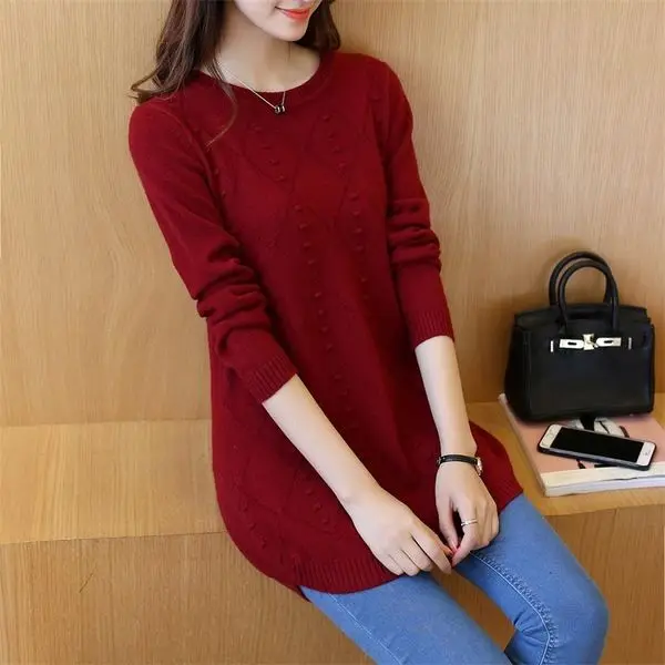 2024 Autumn New Korean Loose Women Clothing Knitting Sweater Mid Length Top O-neck Ladies Bottoming Shirt Screw Thread Top Tee