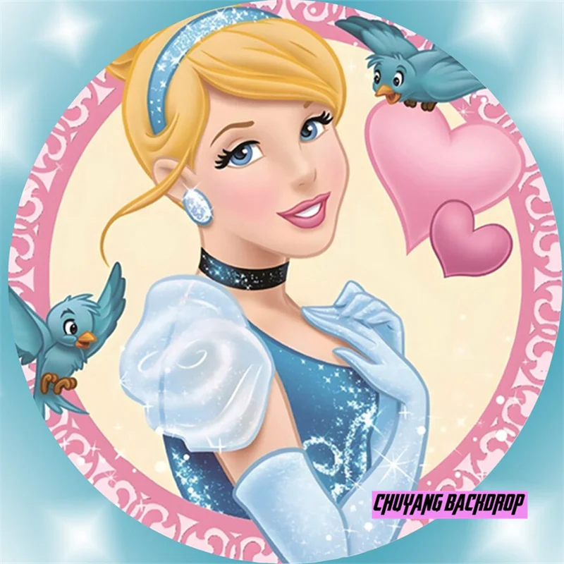 Disney Princess Round Cover Blue Dress Magic Cinderella Backdrop Blue Dress Magic Girls Happy Birthday Party Circle Background