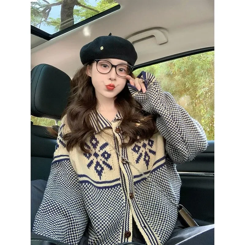 

Women Clothes Spring Autumn Simplicity Trend Vintage Vintage Contrasting Colors Turn-down Collar Knitting Sweater Cardigan Coat