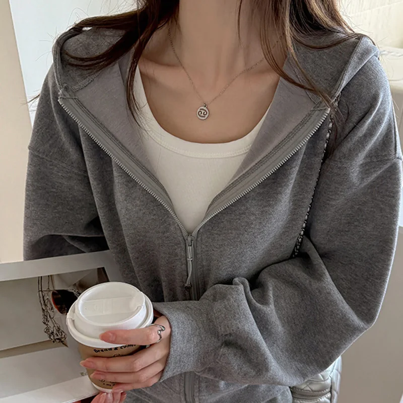 Casual Zipper Up Hooded Sweatshirt Women Solid Color Loose Long Sleeve Hoodies Coats for Woman Spring Autumn Wild Sport Jackets