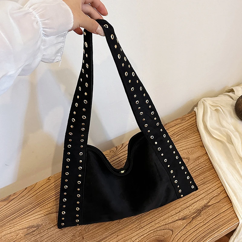 

Retro Suede Leather Tote Bag High-quality Pu Shoulder Bag Fashion Motorcycle Style Rivet Handbag Women Large Work Purse Slouchy