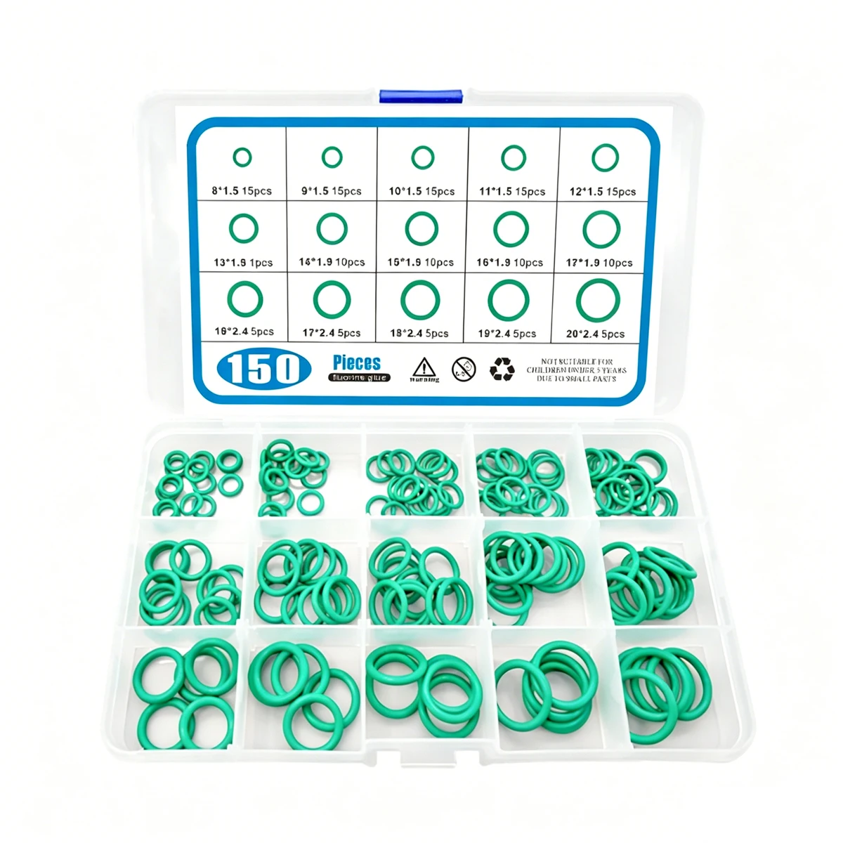 FKM O-Ring Assortment Kit 150 PCS 15 Sizes Fluorine Rubber Seal Rings Set for Car Gasket Rubber Washer Seals Assortment Green