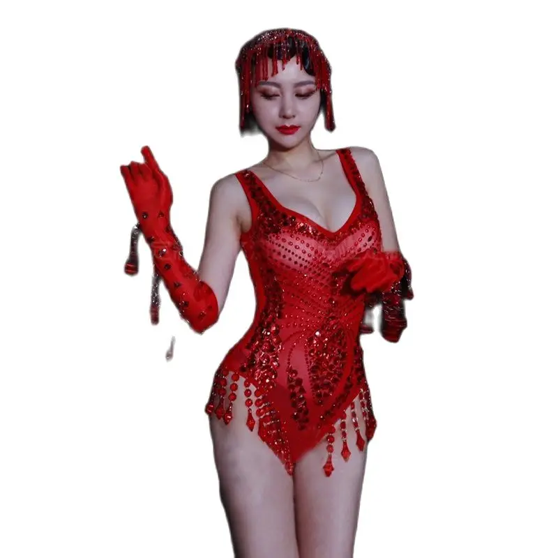 Nowy kostium Bar Nightclub DJ DS Gogo Full Rhinestones Red Bodysuit Gloves Women Pole Dance Clothing Stage Performance Wear Set