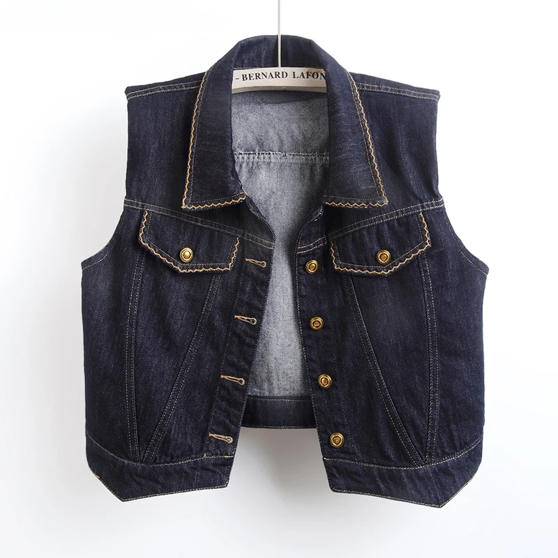 

Korean Fashion Irregular Hem Dark Blue Slim Short Denim Vest Summer Women New Lapel Single-Breasted Sleeveless Cowboy Waistcoat