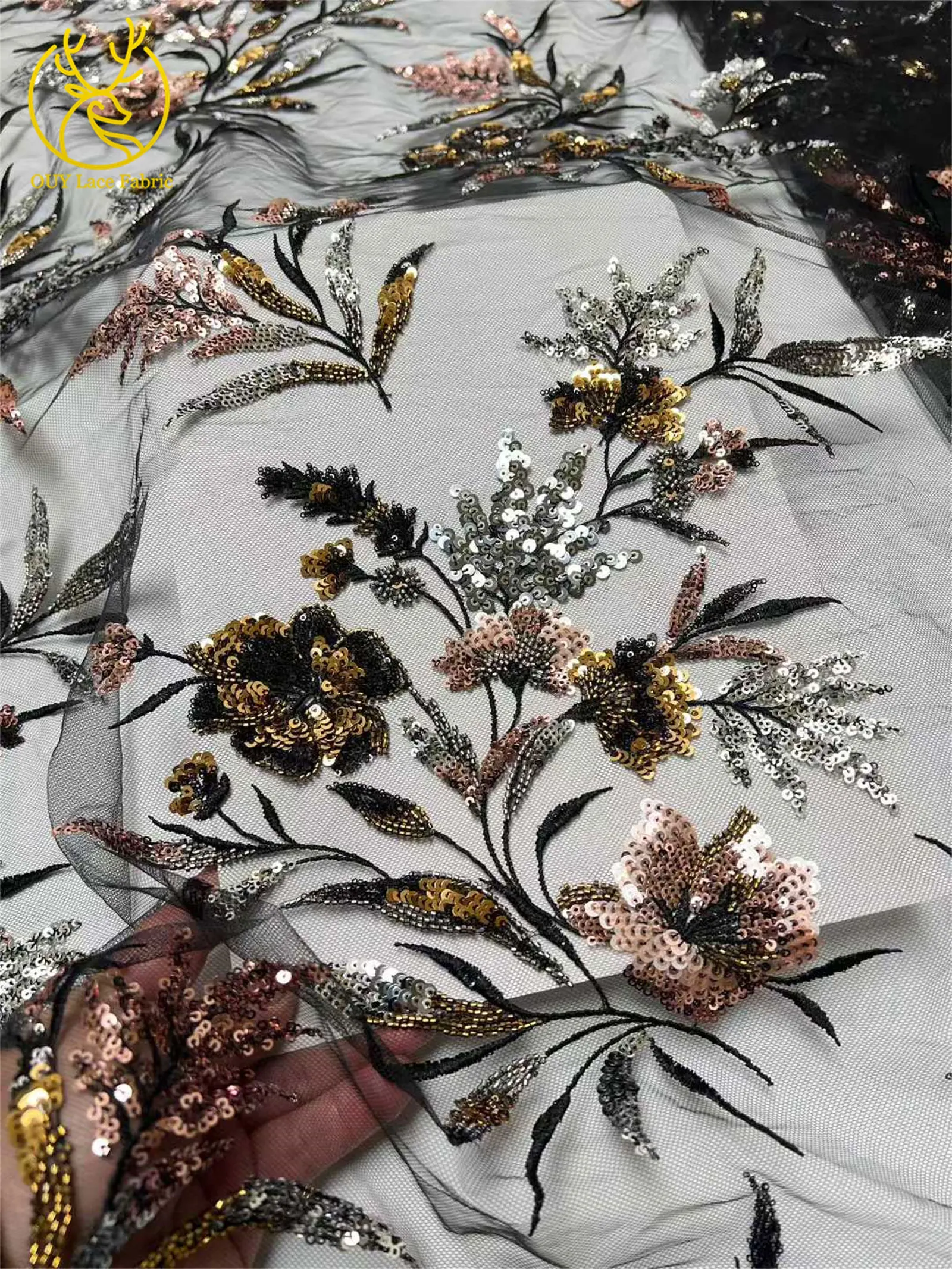 Neuester mit Pailletten bestickter Spitzenstoff 2026 Hochwertiger nigerianischer Perlen-Spitzenstoff, geeignet für Damen-Hochzeitskleider, 5 Yards – Detail 8