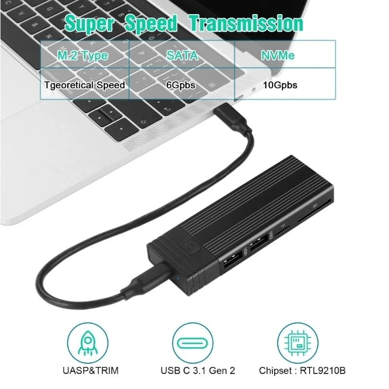 L4MD SSD Case NVME Dual-protocol to Type-C USB 3.2 10G SSD Enclosure Disk Box Adapter for 2242/2260/2280 SSD